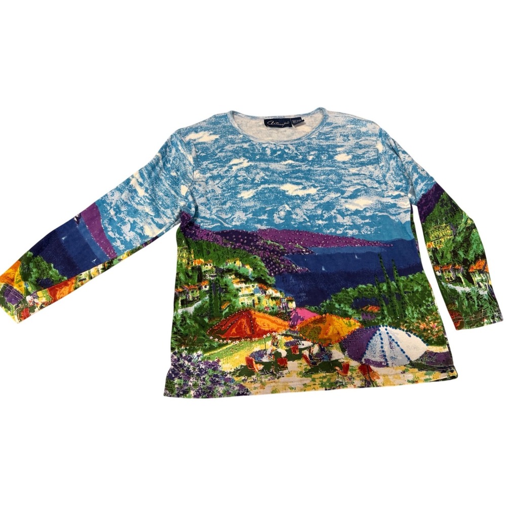 Artscapes Womens M Cotton Coastal Scenic Beaded Sequin Long Sleeve Top